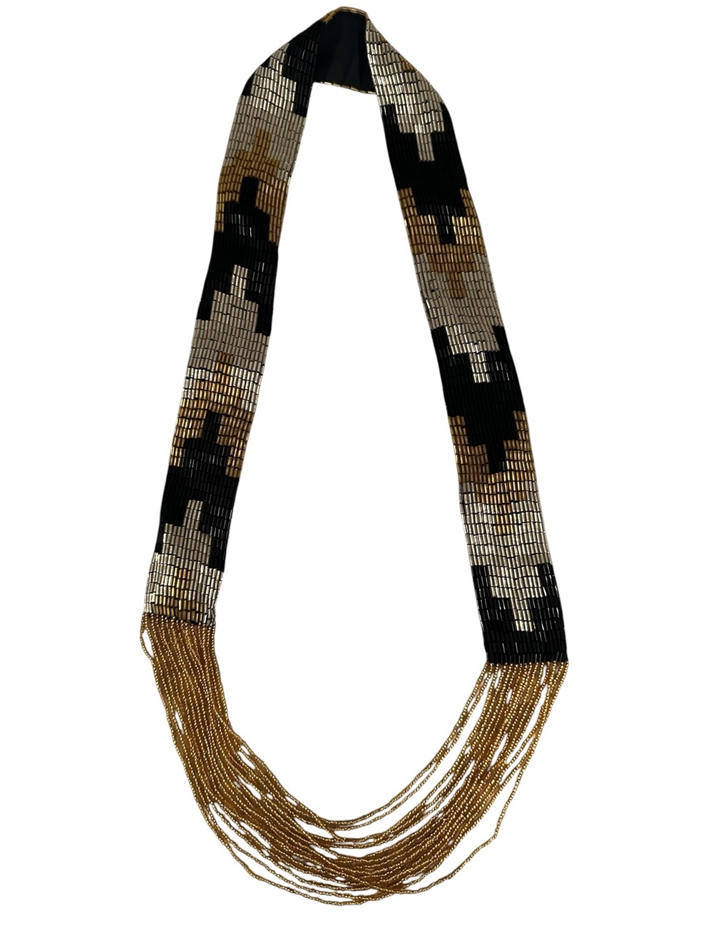 Gold Tone Black Silver Beaded Multi Strand Statement Necklace